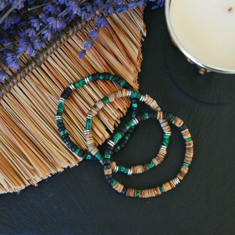 Vintage Textured Tin CCB Beaded Bracelet with Turquoise Stones for Women