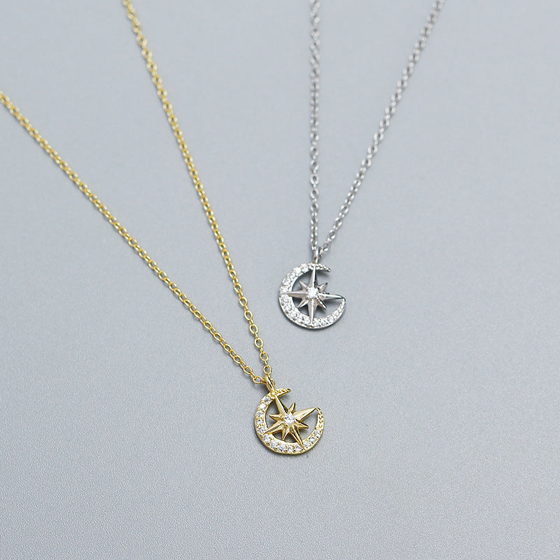 925 Sterling Silver Star Moon Cubic Zirconia Inlay Necklace