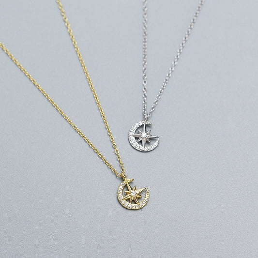 Collar de Plata de Ley 925 con Incrustaciones de Circonita Cúbica de Estrella y Luna