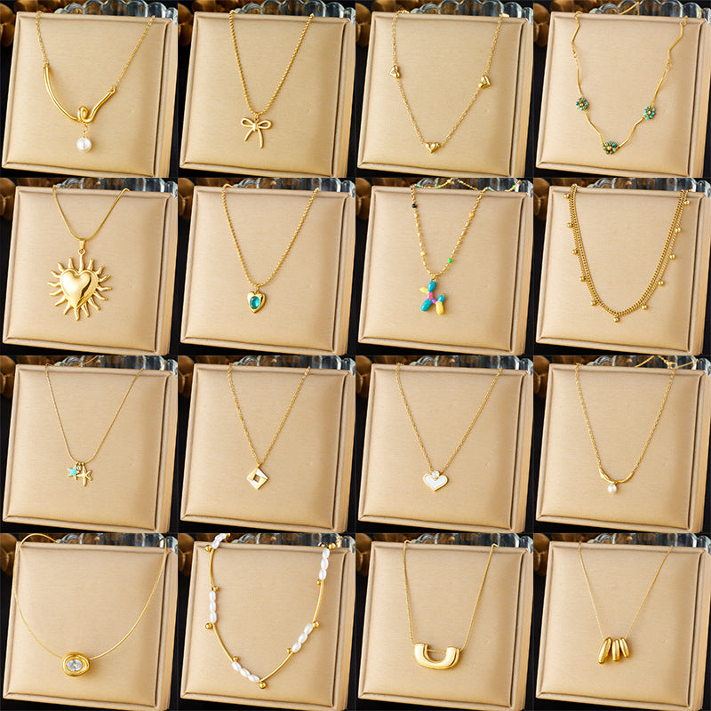Minimalist Gold Plated Stainless Steel Layered Necklace with Heart Floral and Geometric Pendants