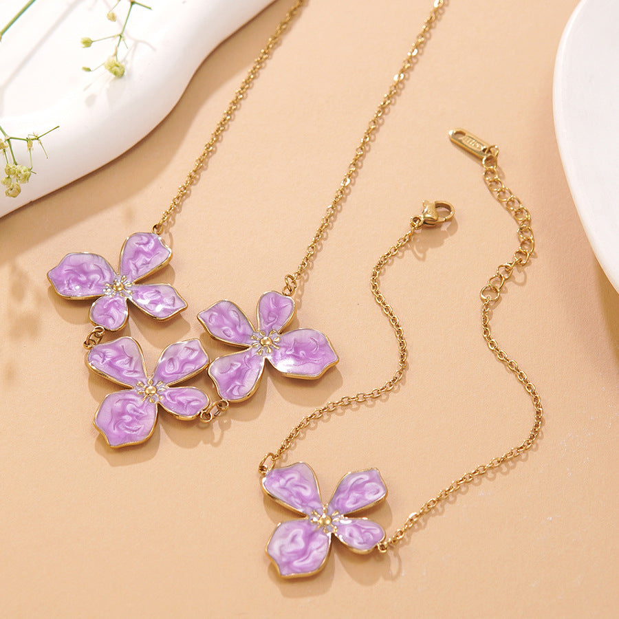 Sweet Drip Oil Floral Stainless Steel Necklace and Bracelet Set for Women