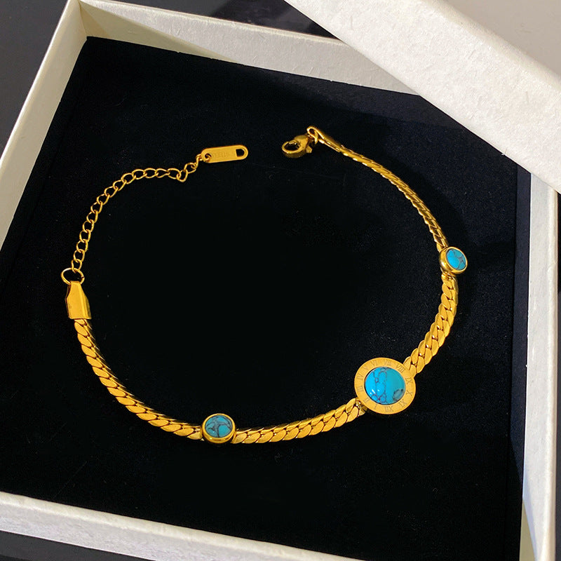 Minimalist Gold Plated Titanium Steel Cuban Link Chain Bracelet with Geometric Letter and Turquoise Inlay for Unisex