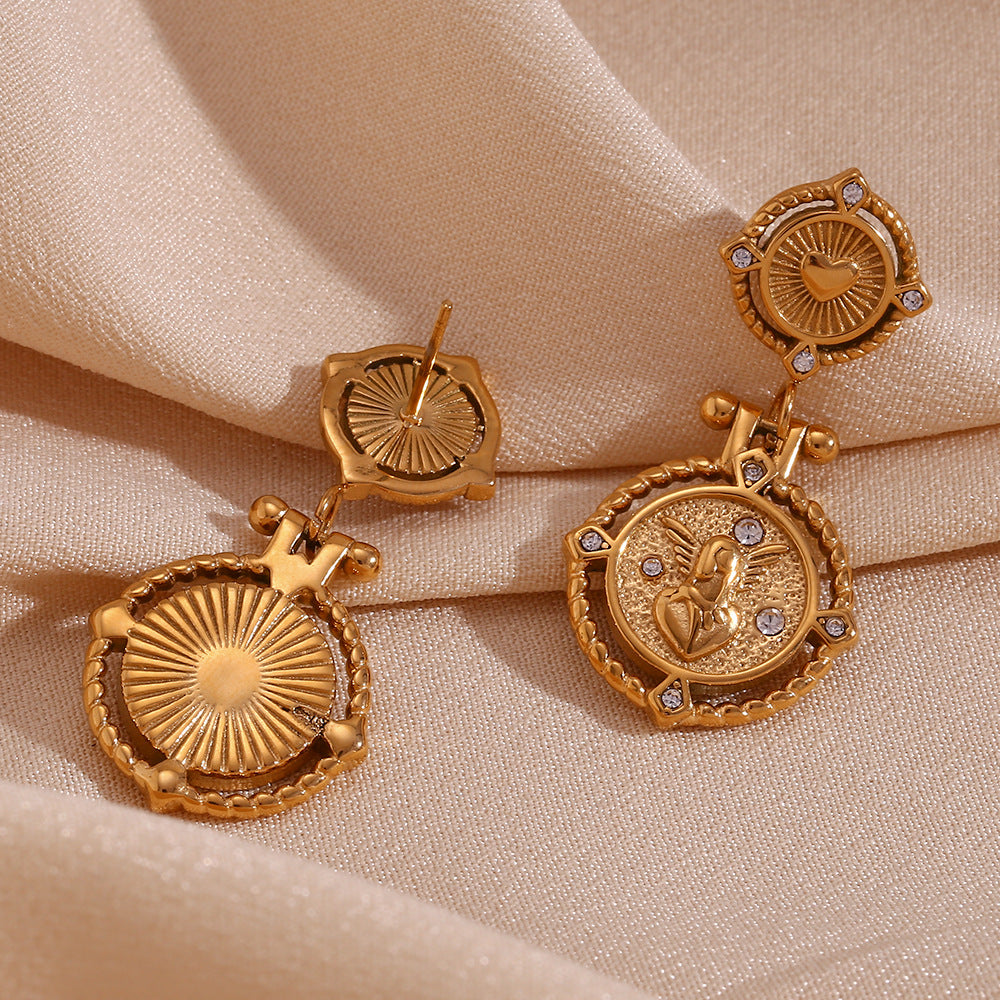 Orecchini a moneta a cuore d'angelo vintage in acciaio inossidabile placcato 18K con strass, stile francese geometrico, da donna