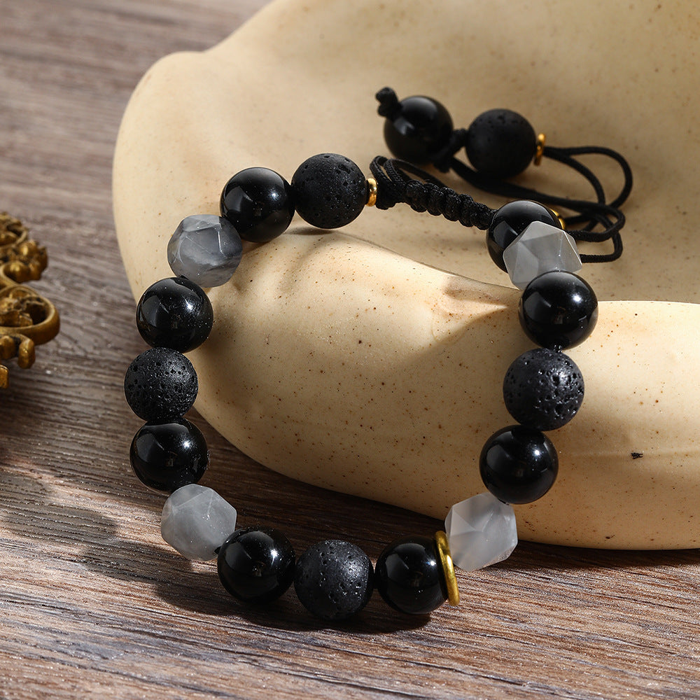 Men's Handmade Adjustable 10mm Faceted Black Volcanic Stone Beaded Bracelet