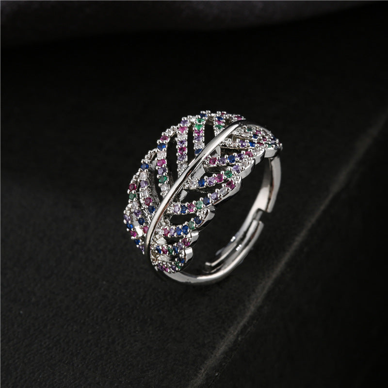 White Gold Plated Hollow Leaf Brass Ring with Micro-Inlay for Women