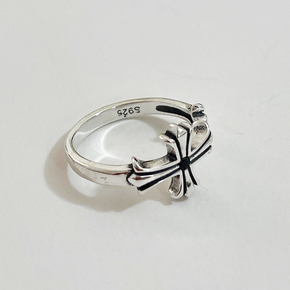 Anello S925 in Argento Sterling, Regolabile, a Croce Aperta, Finitura Anticata, Ispirazione Coreana Giapponese, Anello da Donna alla Moda
