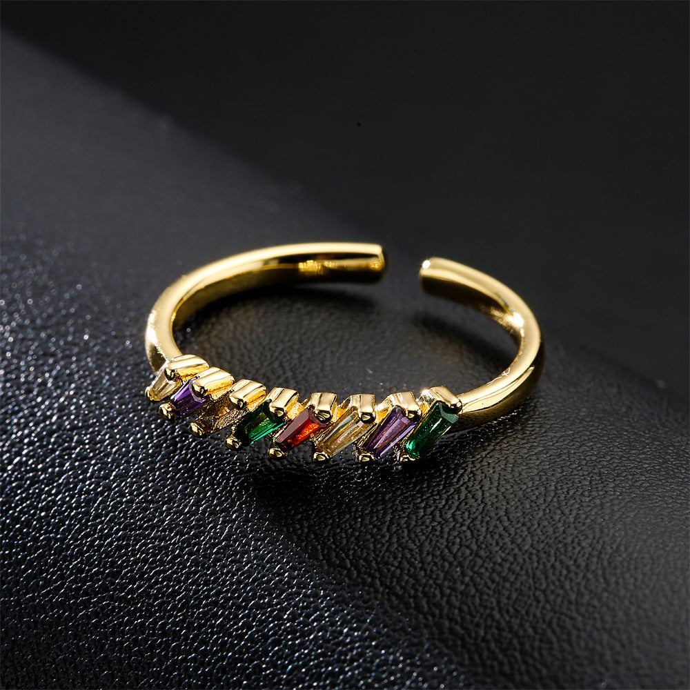 Minimalist 18K Gold Plated Geometric Square Brass Ring with Cubic Zirconia Inlay for Women