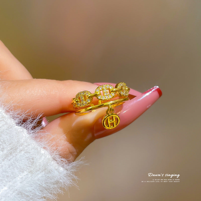 Anello coreano regolabile a fascia aperta con zirconi lucidi a forma di naso di maiale, minimalista, ispirato al design giapponese per donna