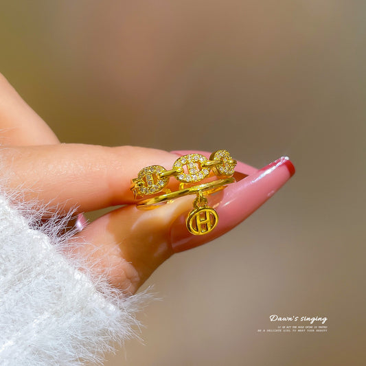 Anillo de dedo minimalista de estilo coreano con circonita brillante, nariz de cerdo, moneda, banda abierta ajustable, inspiración japonesa para mujer