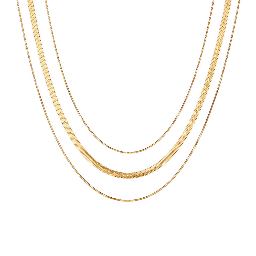 Collana alla Moda a Tre Strati Geometrica per Clavicola in Acciaio Inossidabile Placcato Oro 18K con Catena Serpente