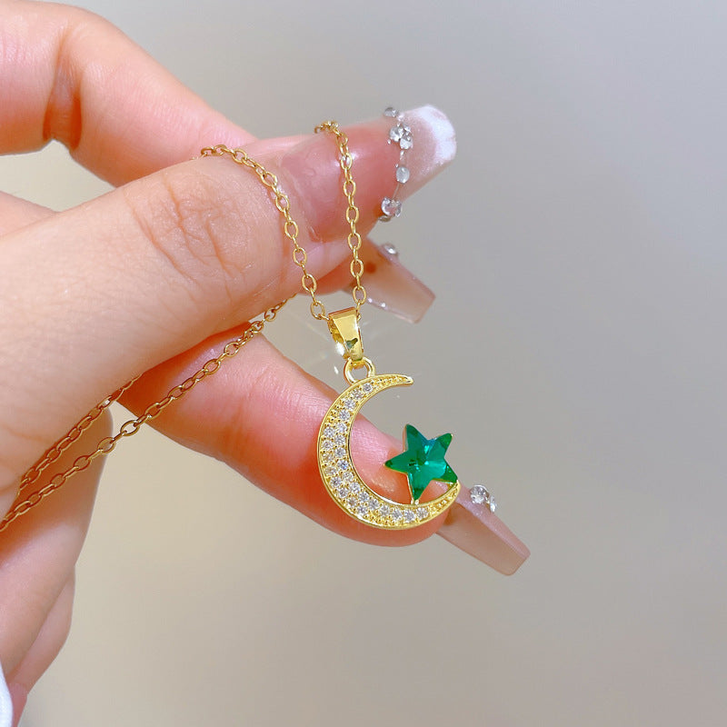 Sweet Elegant Star Moon Geometric Rhinestone Titanium Steel Necklace for Unisex