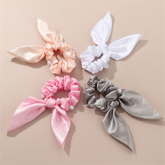 Sweet Style Bow-Shaped Fabric Hair Ring Set with Pearl Accents and Ribbon Details for Kids