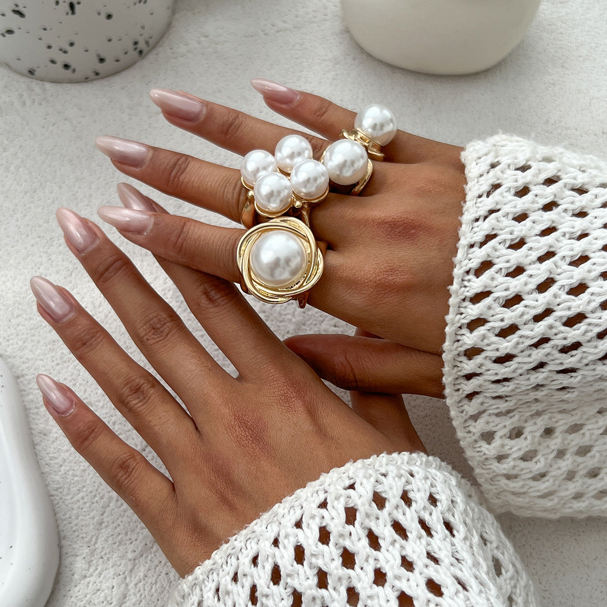 Vintage Geometric Hollow Imitation Pearl Plated Alloy Ring Set for Women