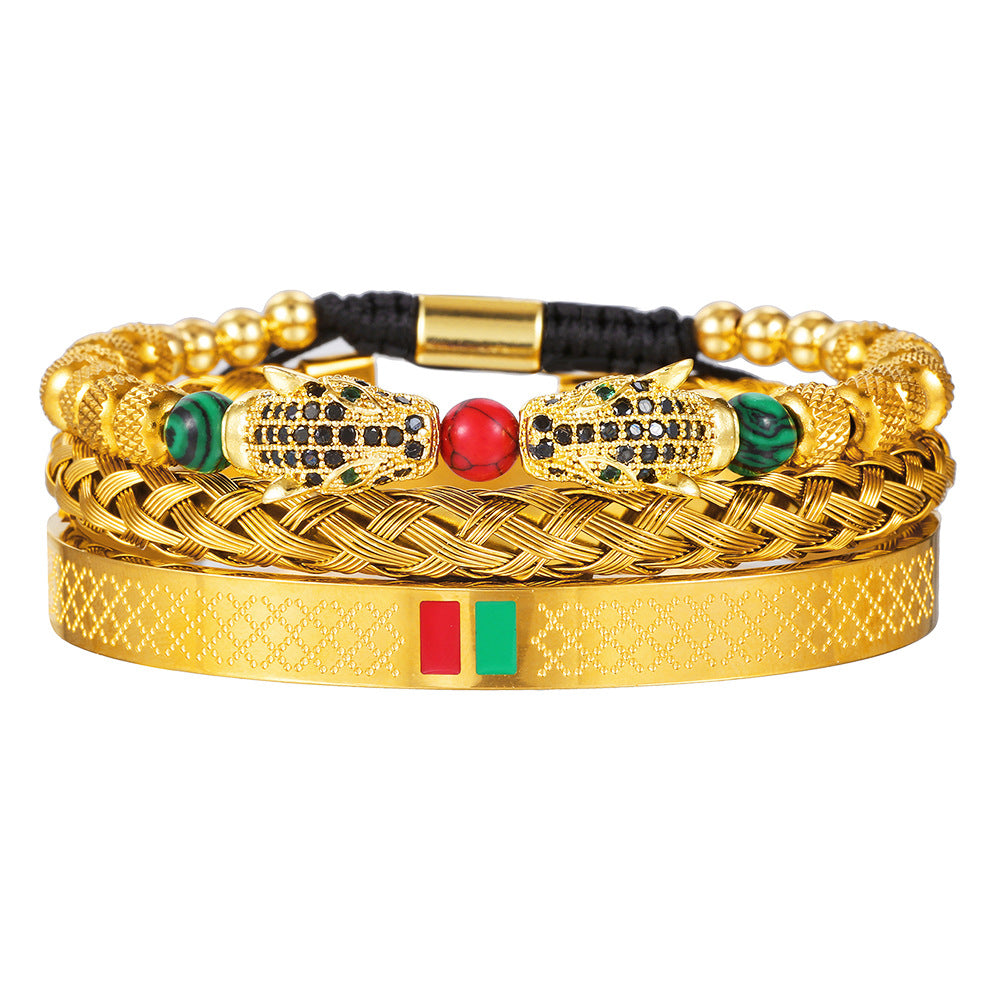 Leopard Print Geometric Stainless Steel Plated Bracelet with Gemstone Inlay for Unisex