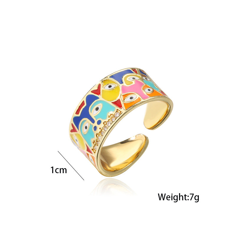 Casual Geometric Drip Oil Brass Ring with Cubic Zirconia for Women