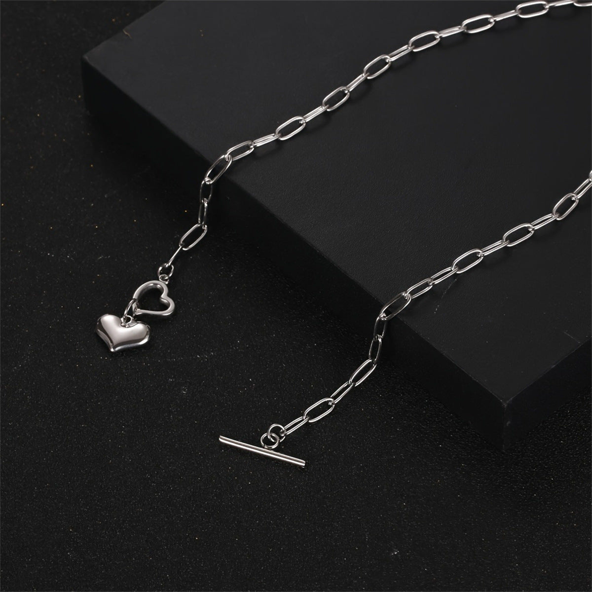 Minimalist Three-Dimensional Heart Pendant Necklace in Titanium Steel with Plated Finish, Long Layered Sweater Chain with Bamboo Link Style