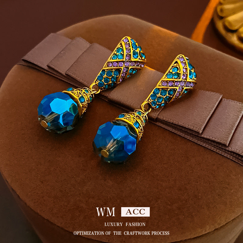 Vintage Geometric Blue Teardrop Earrings with Rhinestone Inlay in Alloy Base and Silver-Plated Steel Posts for Women