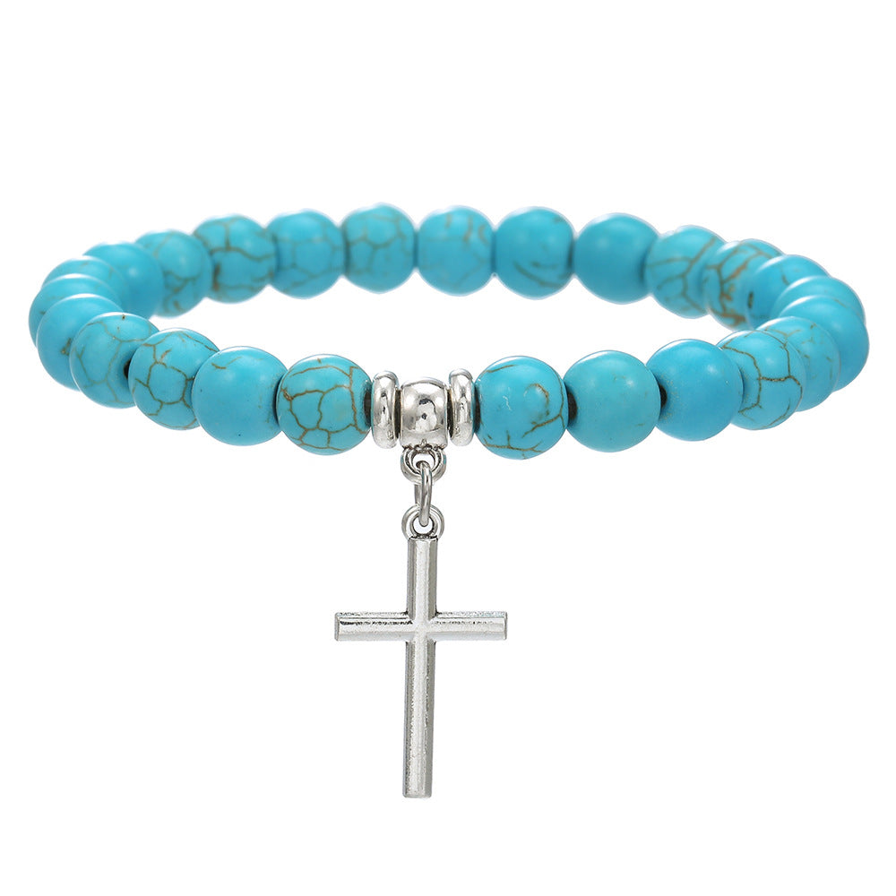 Vintage Ethnic Geometric Turquoise Beaded Bracelet with Cross Starfish Turtle and Eye Charms for Unisex