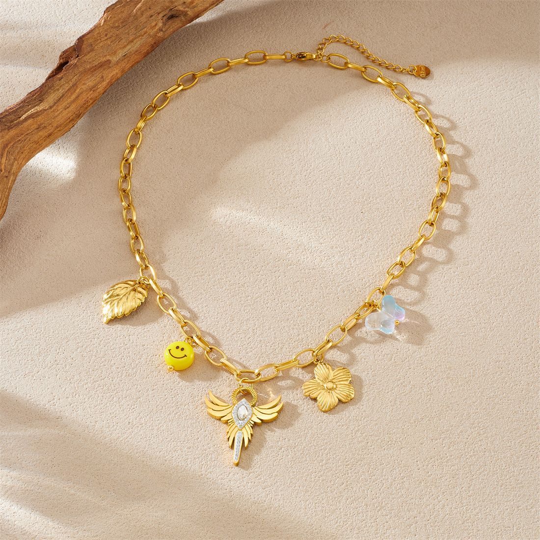 Luxury Elegant Gold Plated Stainless Steel Wings Cross Floral Leaf Smiley Face Rhinestone Necklace for Women