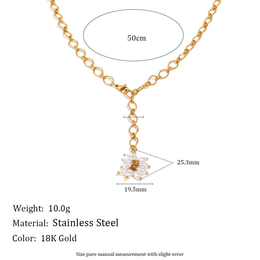 Luxury Elegant Geometric Floral 18K Gold Plated Stainless Steel Necklace with Imitation Pearl Tassel