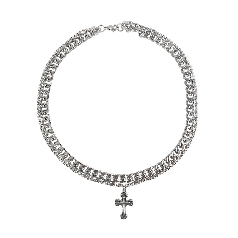 Minimalist Double-Layer Cross Pendant Necklace in Titanium Steel with Polished Finish for Men and Women
