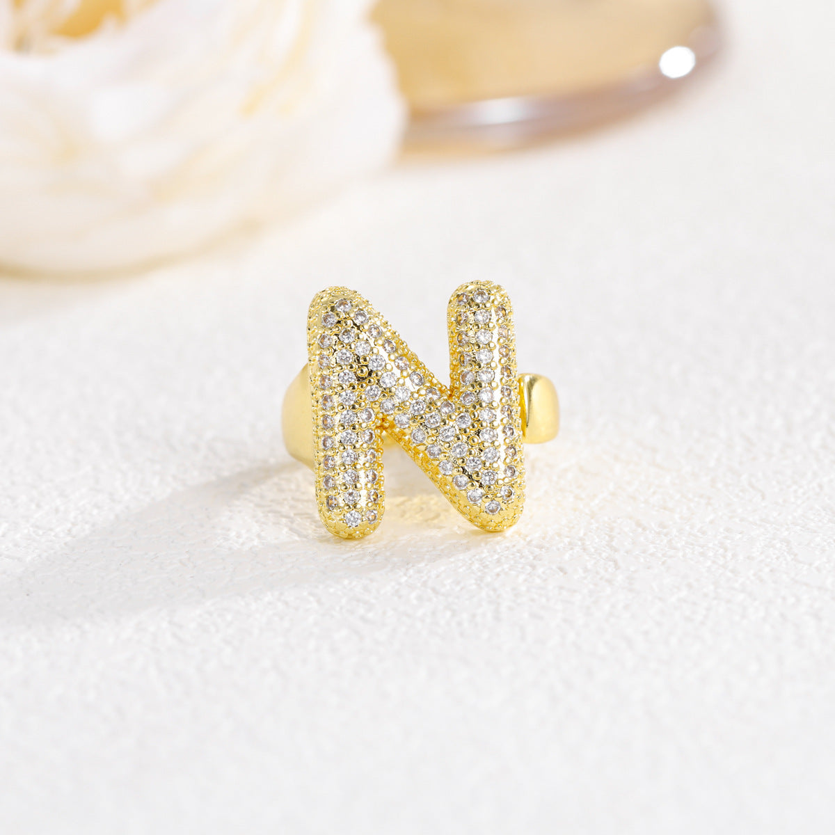 Sweet Plated Brass Letter Ring with Cubic Zirconia Adjustable Open Ring for Women and Men