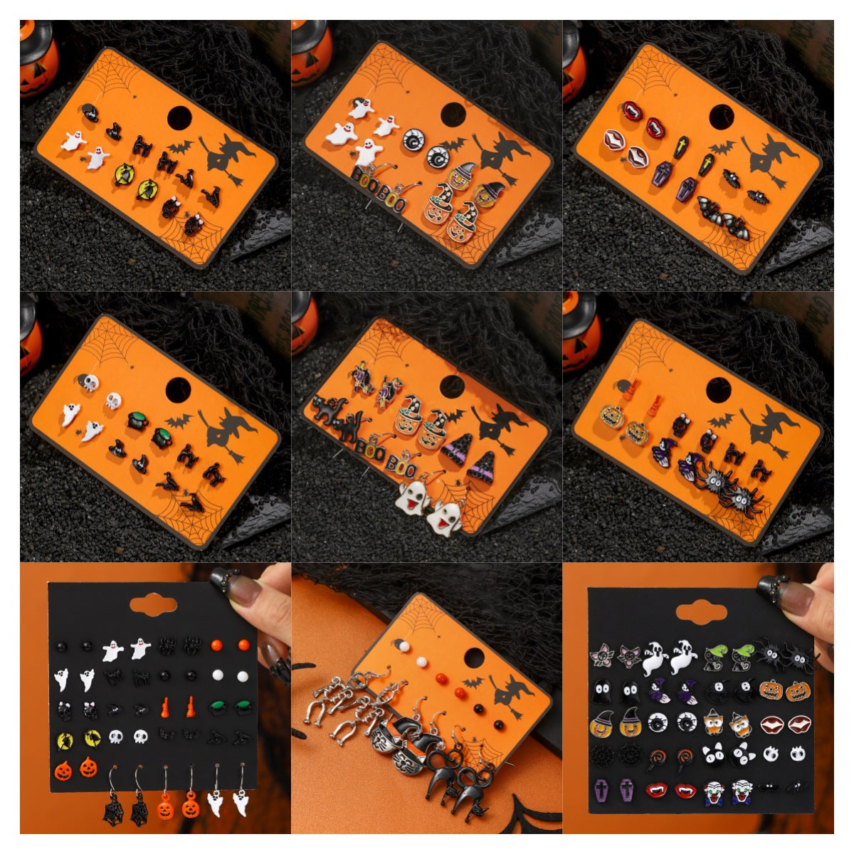 Juego de pendientes de tuerca de calabaza, fantasma y murciélago de Halloween estilo caricatura oscura en aleación con postes de acero inoxidable