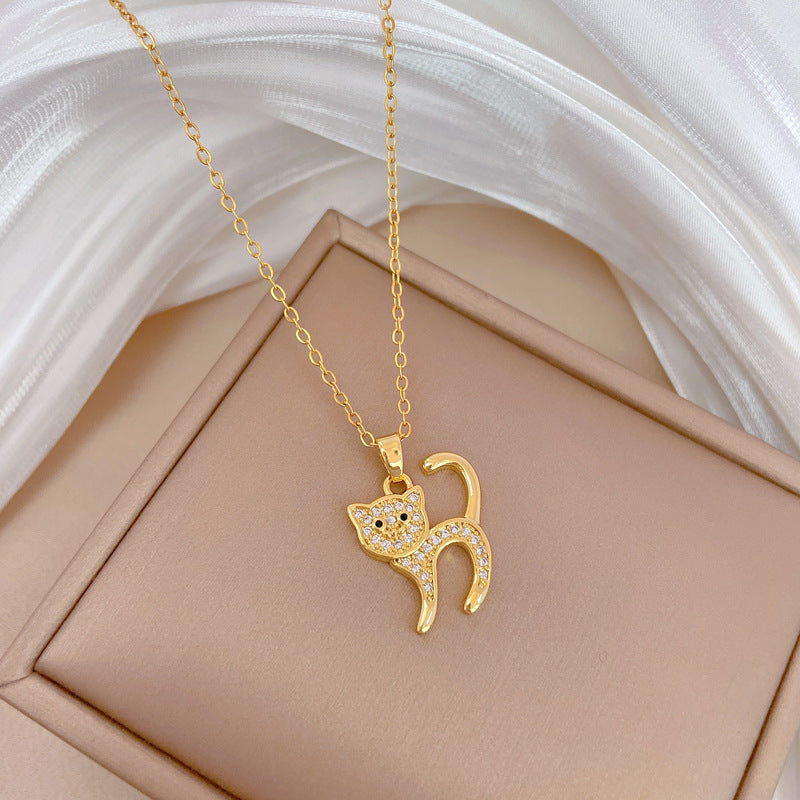 Minimalist Scared Cat Pendant Necklace for Women Stainless Steel Snake Chain with Rhinestone Accents Geometric Design