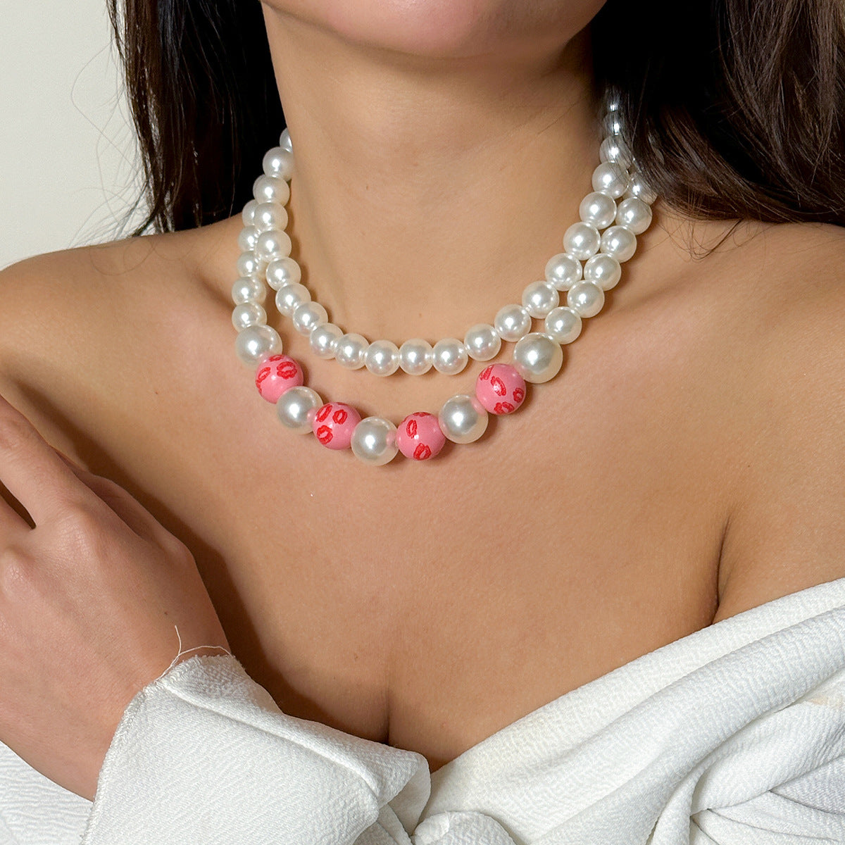 Colorful Imitation Pearl Love Heart Letter Beaded Necklace for Women