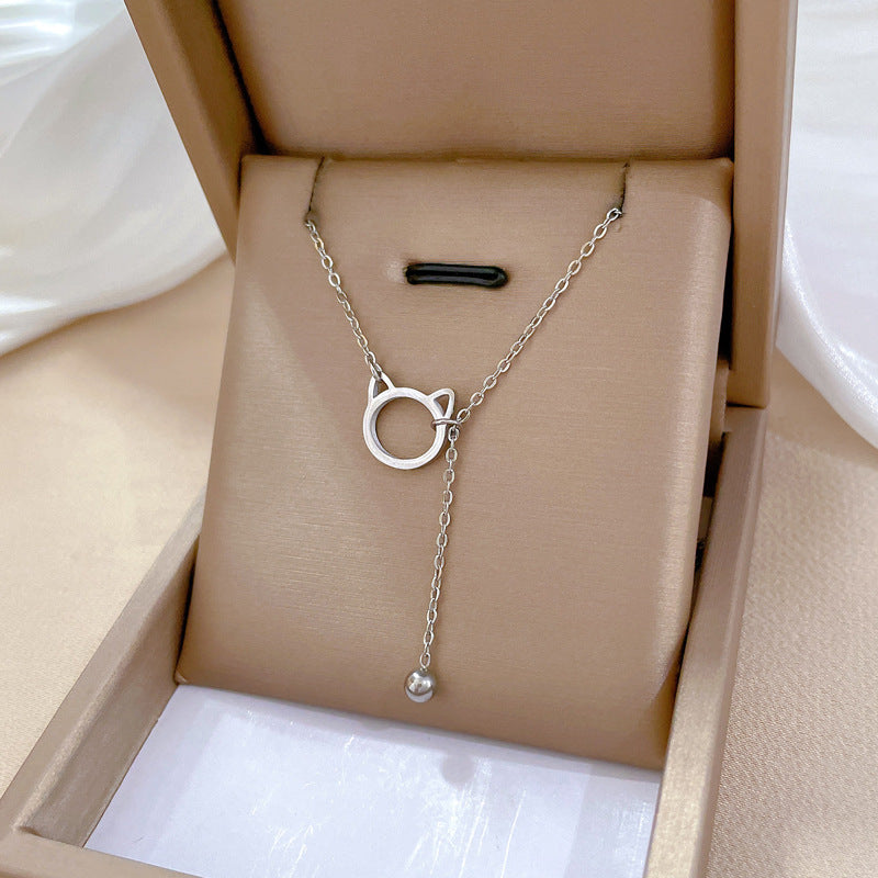Minimalist Cat Pendant Titanium Steel Necklace with Tassel Detail for Women and Men, Geometric Shape, Gold-Plated Finish, Clavicle Chain