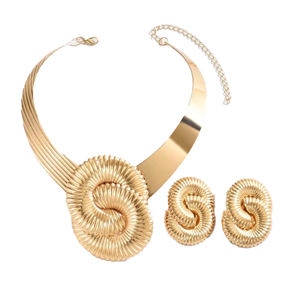 Parure di collana a torsione geometrica e orecchini a cerchio in lega di zinco con galvanoplastica da donna