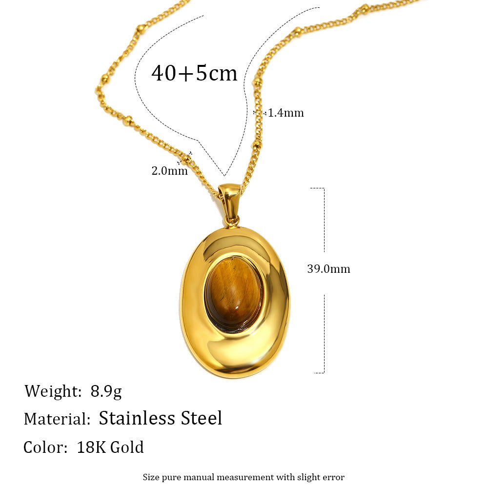 Minimalist Oval Tiger Eye Cross Necklace in Stainless Steel with 18K Gold Plating for Women