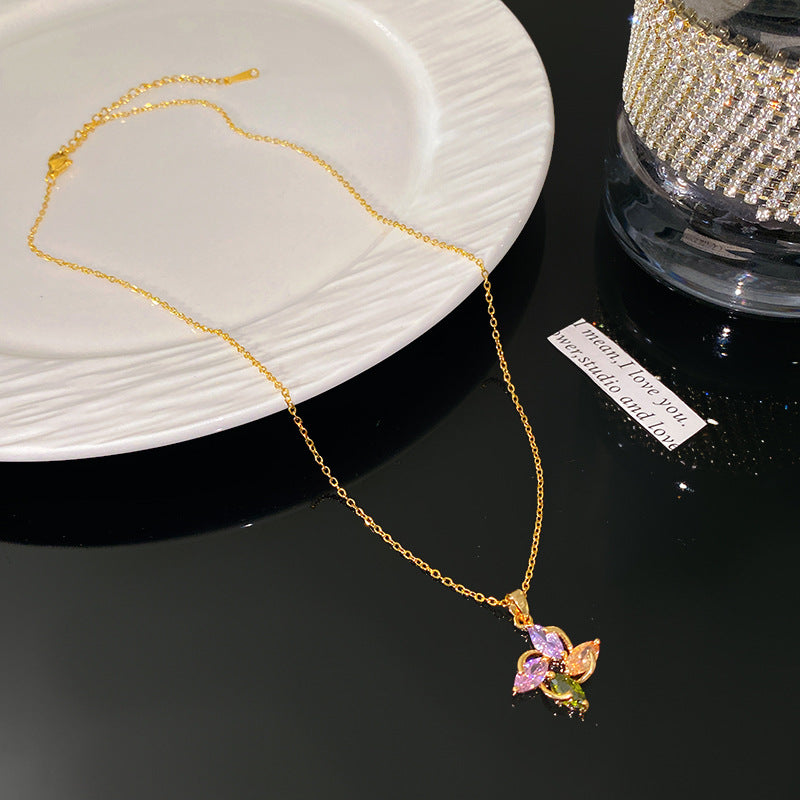 Minimalist Elegant Geometric Micro-Inlay Cubic Zirconia Plated Titanium Steel Necklace for Women