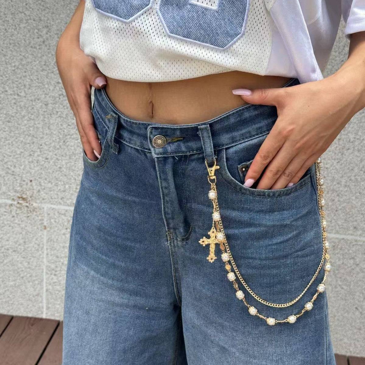 Catena in vita incrociata multistrato con strass stile Hip-hop Punk per uomo e donna