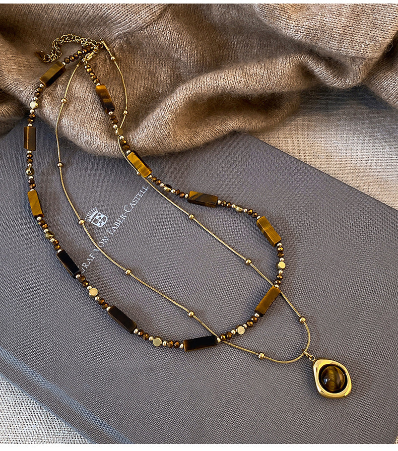 Collana con Ciondolo Vintage a Occhio di Tigre Geometrico Placcata Oro 18K Lunga per Maglione da Donna