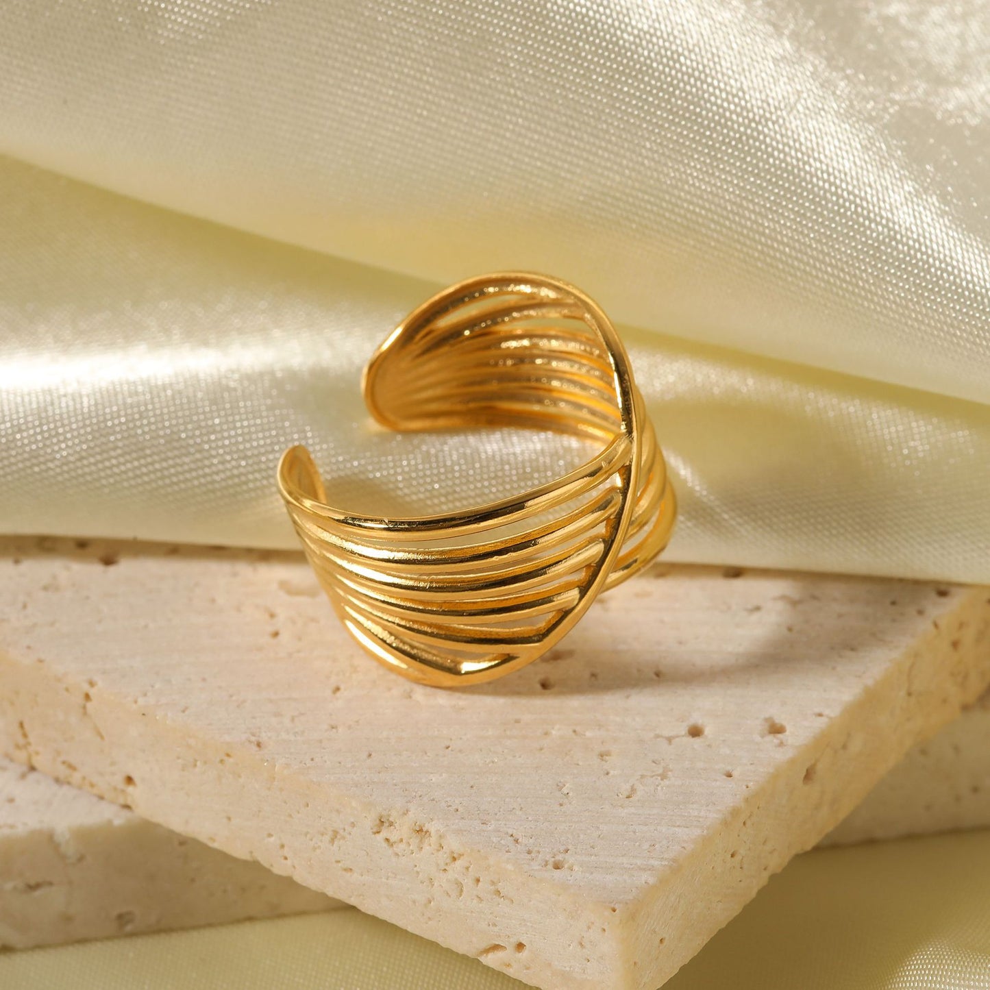 Adjustable Geometric Open Ring with Crossed Layer Design in Titanium Steel Plated with 18K Vacuum Electroplating for Women