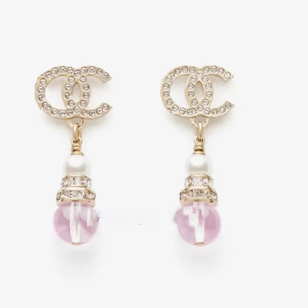 Eleganti Orecchini Pendenti in Ottone Placcato Oro con Lettera C, Perle Rotonde e Strass, con Perni in Argento Sterling 925