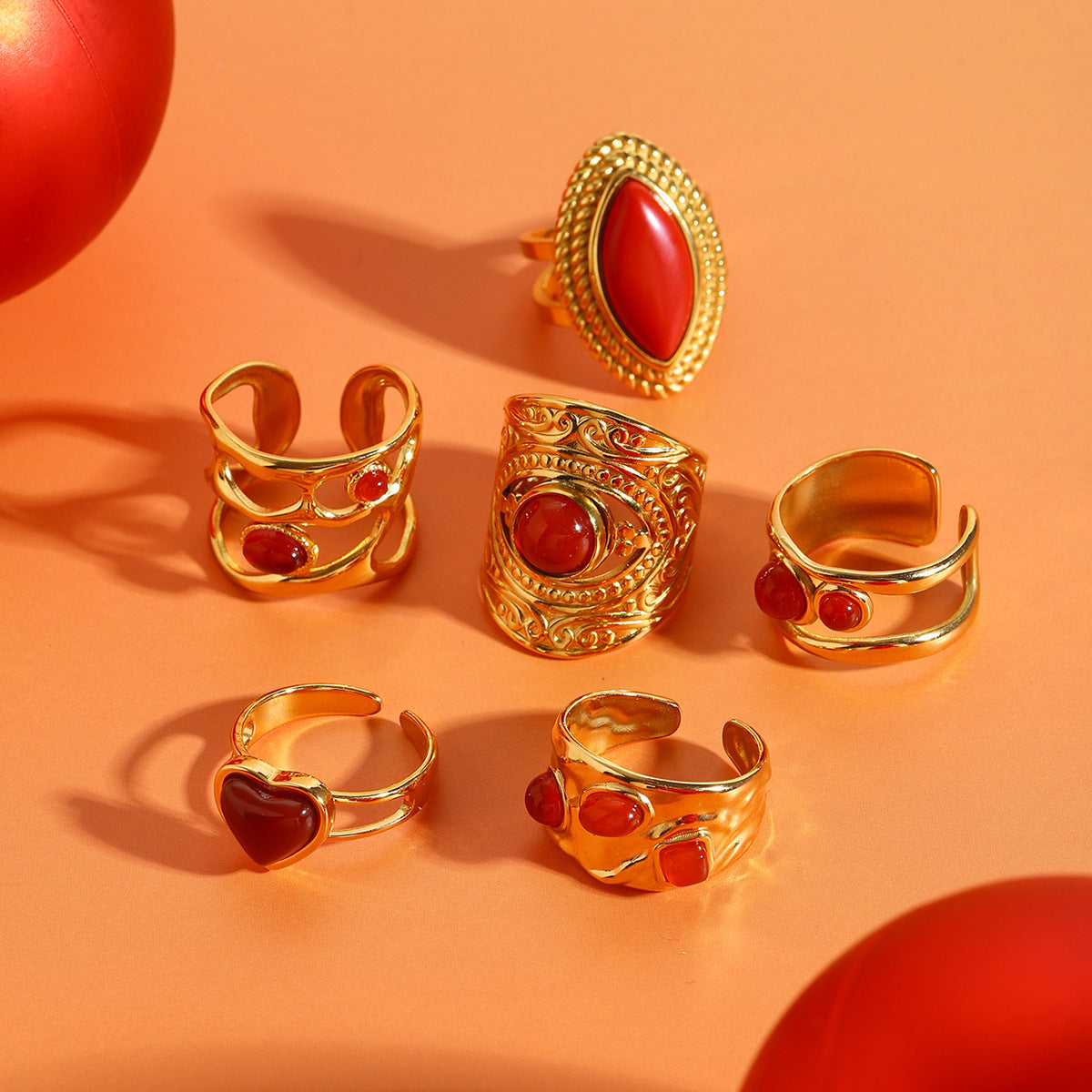 Anello geometrico in acciaio inossidabile con intarsio in agata rossa da donna, accessorio di moda regolabile aperto elettroplaccato