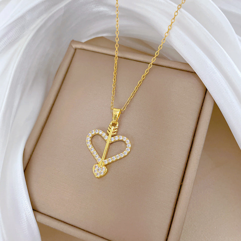 Cartoon Style Heart-Shaped Titanium Steel Necklace with Rhinestone Inlay for Women and Men, Delicate Clavicle Chain