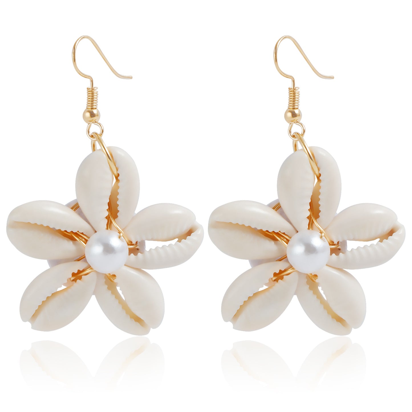Pendientes colgantes de flor de concha tejidos a mano para mujer con forma geométrica, acabado galvanizado, estilo playero natural