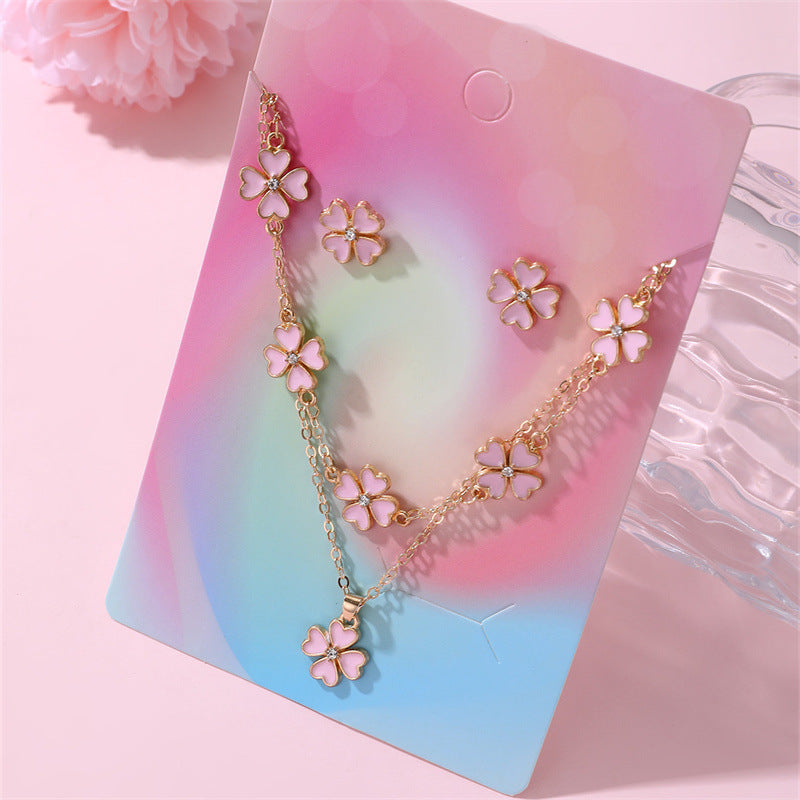 Minimalist Bowknot Resin Necklace Set for Girls with Matching Bracelet and Stud Earrings Featuring Enamel Finish