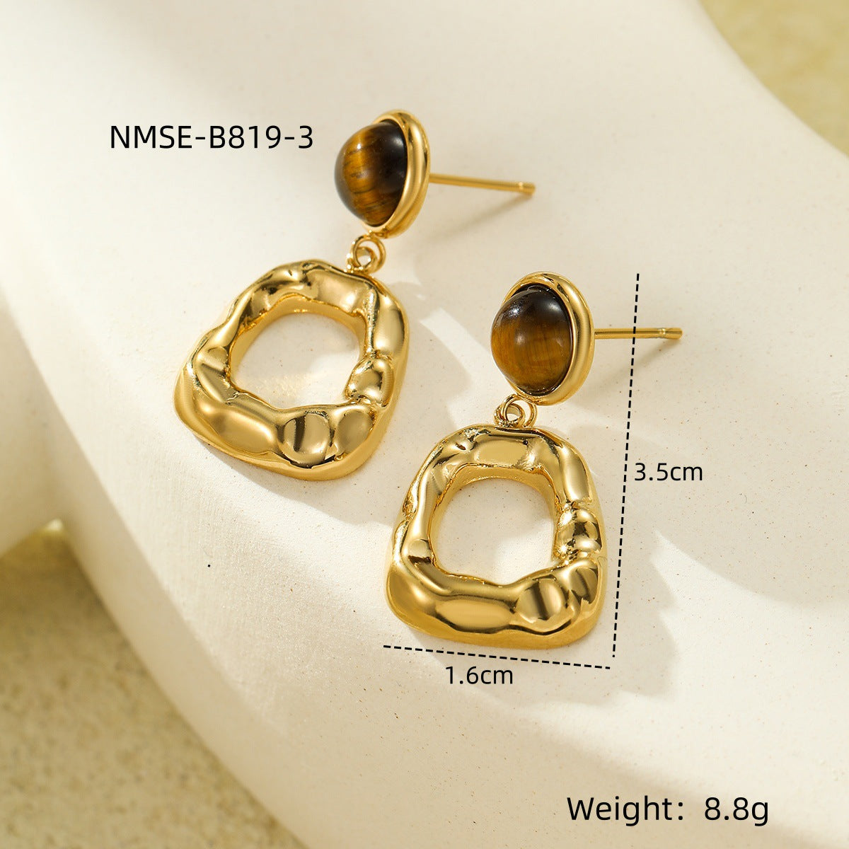 Vintage French-Style Geometric Pleated Pendant Earrings in Titanium Steel with Natural Stone Inlay and Plated Finish