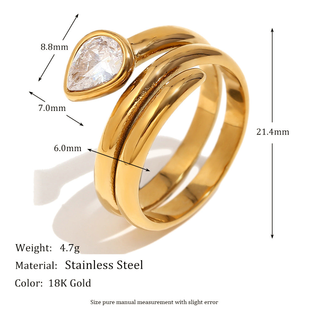 Anello da donna minimalista geometrico in acciaio inossidabile placcato oro 18 carati a doppio strato con testa di serpente lungo e strass bianchi a forma di cuore