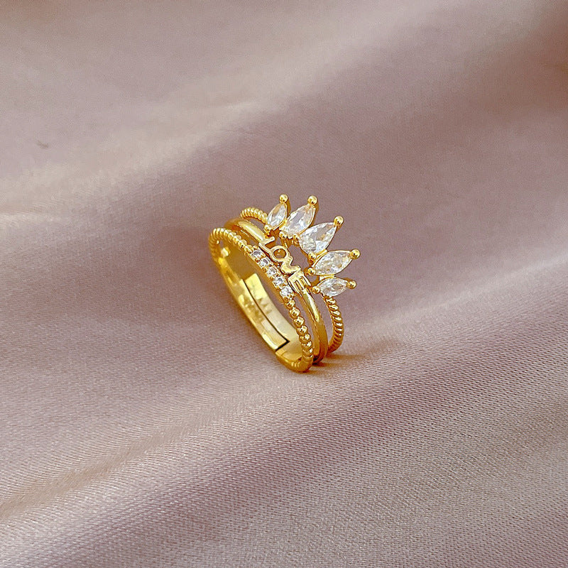 Anello regolabile in ottone placcato oro a forma di corona in stile fumetto da donna con strass a tutto tondo
