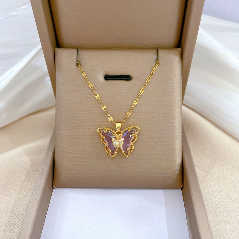 Collana Minimalista con Catena a Labbra in Acciaio al Titanio con Pendente in Rame e Intarsio di Strass