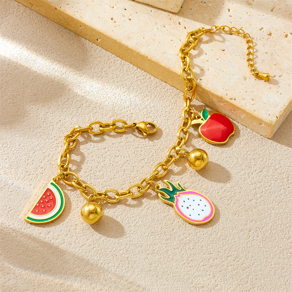 Cartoon Fruit-Shaped Enamel Pendant Bracelet for Women with Stainless Steel Chain in Dragon Fruit Watermelon and Apple Designs