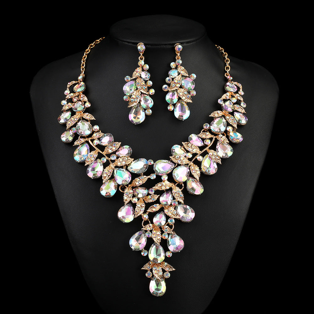Vintage Floral Alloy Pendant Necklace Set with O-Chain, Rhinestone-Inlaid Leaf and Lotus Pod Motifs for Women
