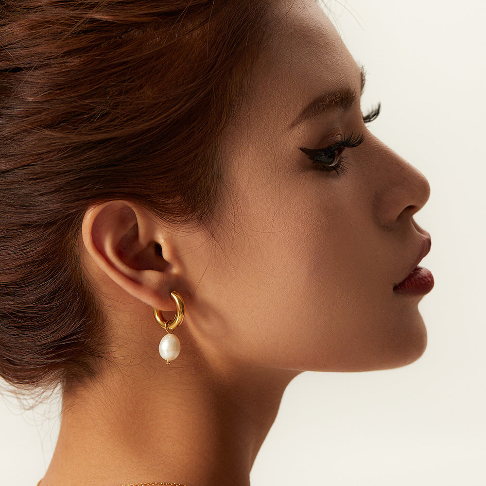 Pendientes Geométricos Minimalistas de Acero Inoxidable con Baño de Oro de 18K y Colgante de Perla Natural de Agua Dulce para Mujer
