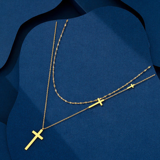 Elegante Collar de Acero de Titanio con Colgante de Cruz para Mujer con Baño de Oro de 18K, Cadena Doble O y Diseño Geométrico