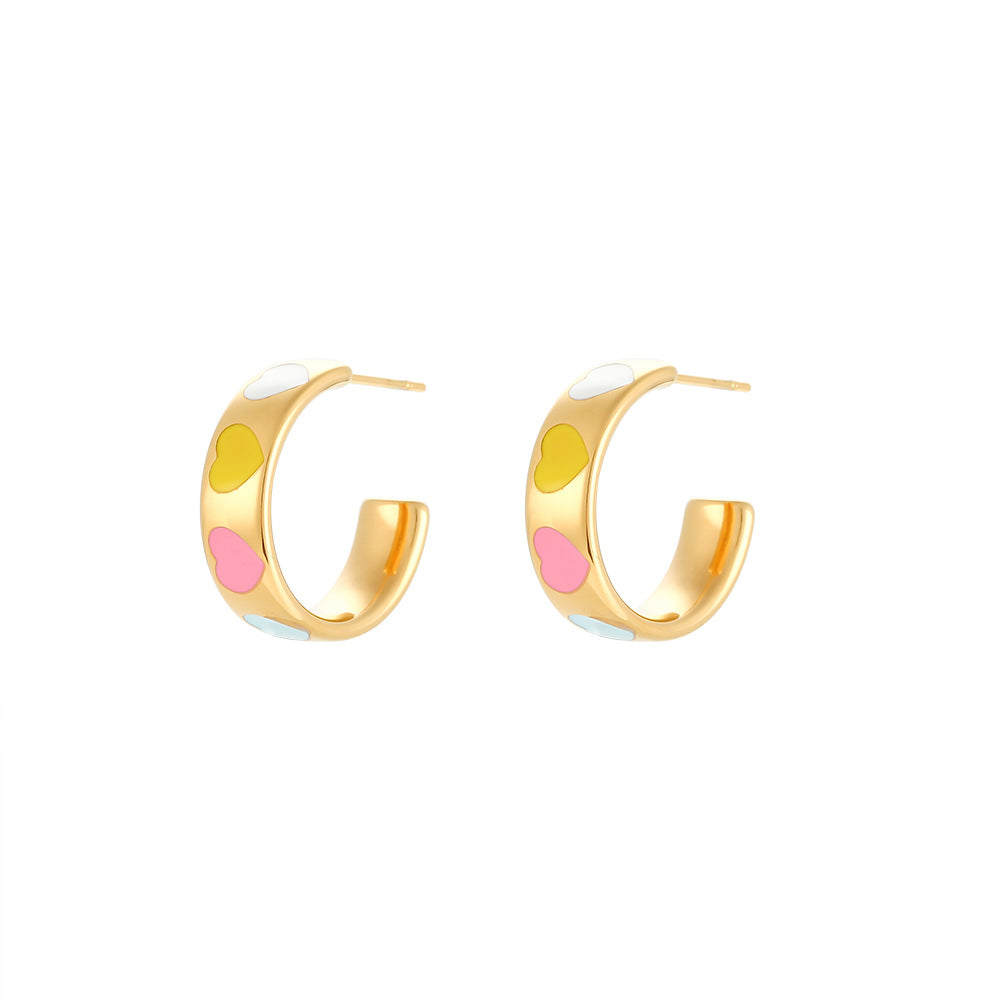 Orecchini Minimalisti a Faccina Sorridente in Acciaio Inox con Placcatura in Oro 18K e Cuore Smaltato